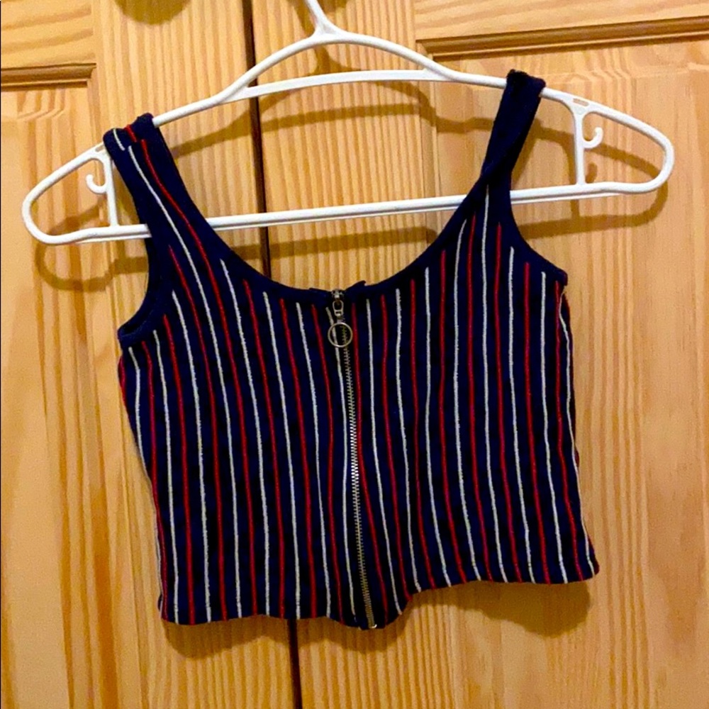 Blue red and white striped zip up crop top